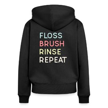 Répétition du rinçage de la brosse à la soie dentaire - Dentisterie > - Sweat à capuche zippé Premium bio Femme - noir - Dos - Julia (174cm)