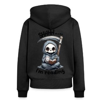 Sensenmann liest ein Buch mit Kaffee - Frauen Premium Bio Zip Hoodie - Schwarz - Hinten - Julia (174cm)