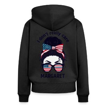 Je m’en fiche, Margaret - Humour patriotique - Sweat à capuche zippé Premium bio Femme - noir - Dos - Julia (174cm)