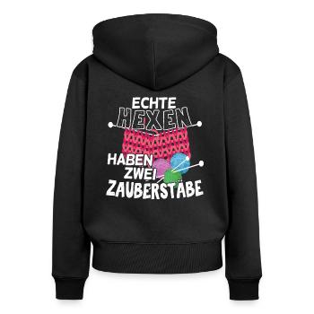 Stricken Nähen Echte Hexen haben zwei Zauberstäbe - Frauen Premium Bio Zip Hoodie - Schwarz - Hinten - Julia (174cm)
