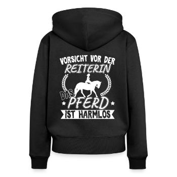 Pferd Pferde Reiten Vorsicht vor der Reiterin - Frauen Premium Bio Zip Hoodie - Schwarz - Hinten - Julia (174cm)