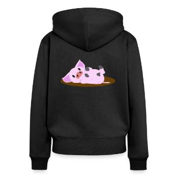 Rosa Schwein Lying - Frauen Premium Bio Zip Hoodie - Schwarz - Hinten - Julia (174cm)
