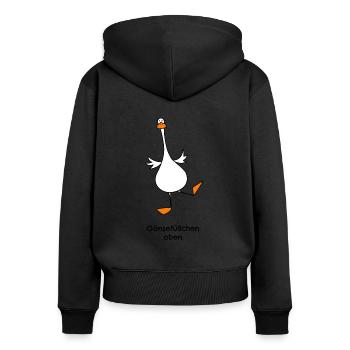Gänsefüßchen oben - Frauen Premium Bio Zip Hoodie - Schwarz - Hinten - Julia (174cm)