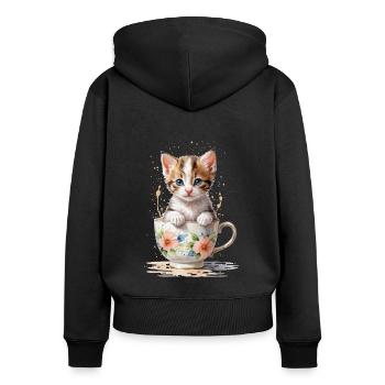 Adorable chaton dans une tasse à thé florale - Sweat à capuche zippé Premium bio Femme - noir - Dos - Julia (174cm)