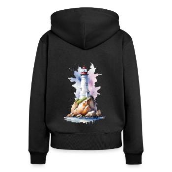 Peinture de phare à l’aquarelle - Art côtier - Sweat à capuche zippé Premium bio Femme - noir - Dos - Julia (174cm)