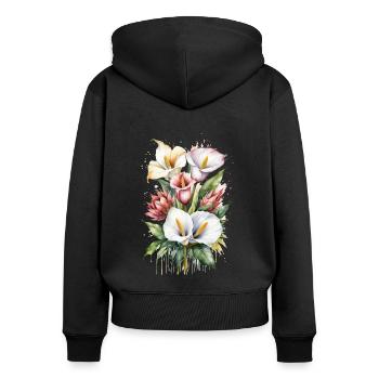 Lys Calla et fleurs de Protea à l’aquarelle - Sweat à capuche zippé Premium bio Femme - noir - Dos - Julia (174cm)