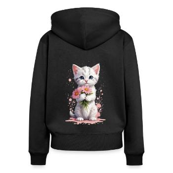 Playful Kitty with Pink Blossoms - Women's Premium Organic Zip Hoodie - black - Back - Julia (174cm)