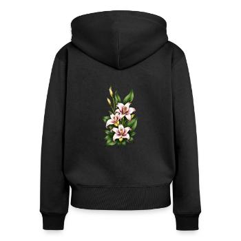 Fleur de lys rose et blanc - Sweat à capuche zippé Premium bio Femme - noir - Dos - Julia (174cm)