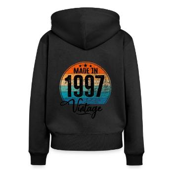 Millésime Fabriqué en 1997 Année de naissance 1997 Anniversaire - Sweat à capuche zippé Premium bio Femme - noir - Dos - Julia (174cm)