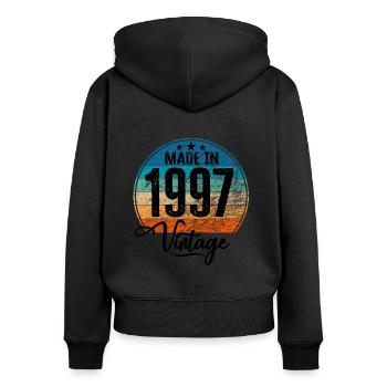 Millésime Fabriqué en 1997 Année de naissance 1997 Anniversaire - Sweat à capuche zippé Premium bio Femme - noir - Dos - Julia (174cm)