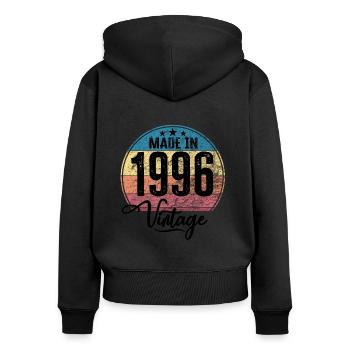 Millésime Fabriqué en 1996 Année de naissance 1996 Anniversaire - Sweat à capuche zippé Premium bio Femme - noir - Dos - Julia (174cm)