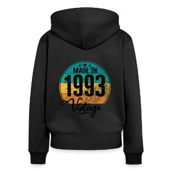 Millésime Fabriqué en 1993 Année de naissance 1993 Anniversaire - Sweat à capuche zippé Premium bio Femme - noir - Dos - Julia (174cm)