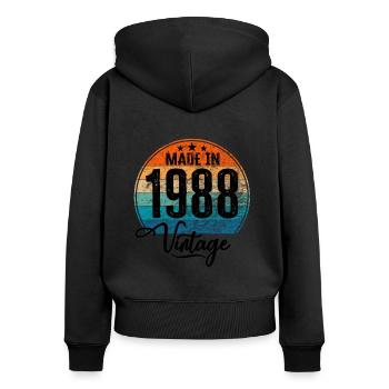 Millésime Fabriqué en 1988 Année de naissance 1988 Anniversaire - Sweat à capuche zippé Premium bio Femme - noir - Dos - Julia (174cm)