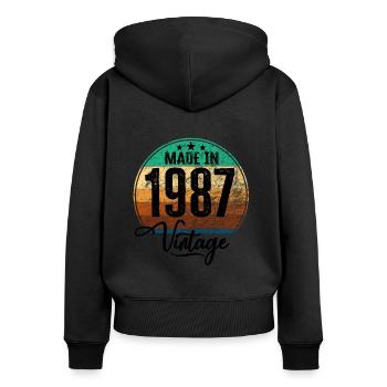 Millésime Fabriqué en 1987 Année de naissance 1987 Anniversaire - Sweat à capuche zippé Premium bio Femme - noir - Dos - Julia (174cm)