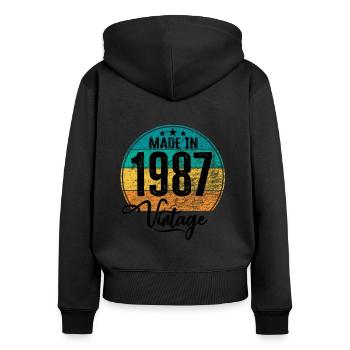 Millésime Fabriqué en 1987 Année de naissance 1987 Anniversaire - Sweat à capuche zippé Premium bio Femme - noir - Dos - Julia (174cm)
