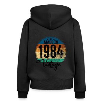 Millésime Fabriqué en 1984 Année de naissance 1984 Anniversaire - Sweat à capuche zippé Premium bio Femme - noir - Dos - Julia (174cm)