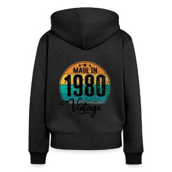Millésime Fabriqué en 1980 Année de naissance 1980 Anniversaire - Sweat à capuche zippé Premium bio Femme - noir - Dos - Julia (174cm)