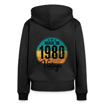 Millésime Fabriqué en 1980 Année de naissance 1980 Anniversaire - Sweat à capuche zippé Premium bio Femme - noir - Dos - Julia (174cm)