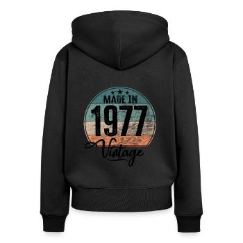 Millésime Fabriqué en 1977 Année de naissance 1977 Anniversaire - Sweat à capuche zippé Premium bio Femme - noir - Dos - Julia (174cm)