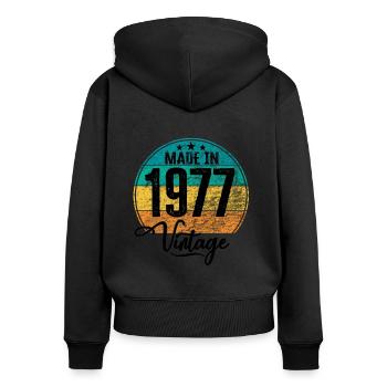 Millésime Fabriqué en 1977 Année de naissance 1977 Anniversaire - Sweat à capuche zippé Premium bio Femme - noir - Dos - Julia (174cm)
