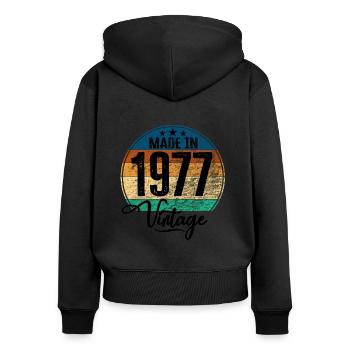 Millésime Fabriqué en 1977 Année de naissance 1977 Anniversaire - Sweat à capuche zippé Premium bio Femme - noir - Dos - Julia (174cm)