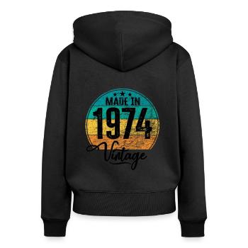 Millésime Fabriqué en 1974 Année de naissance 1974 Anniversaire - Sweat à capuche zippé Premium bio Femme - noir - Dos - Julia (174cm)