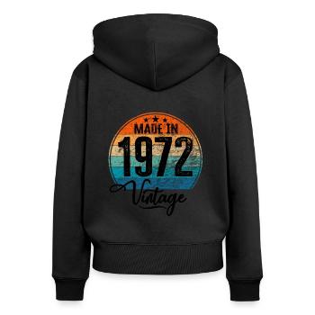 Millésime fabriqué en 1972 Année de naissance 1972 Anniversaire - Sweat à capuche zippé Premium bio Femme - noir - Dos - Julia (174cm)