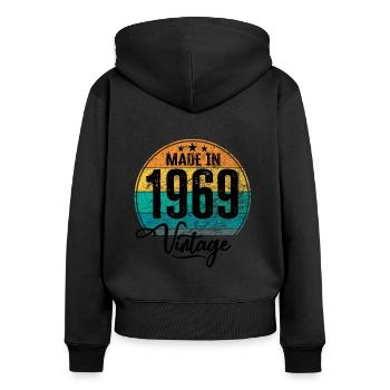 Millésime Fabriqué en 1969 Année de naissance 1969 Anniversaire - Sweat à capuche zippé Premium bio Femme - noir - Dos - Julia (174cm)