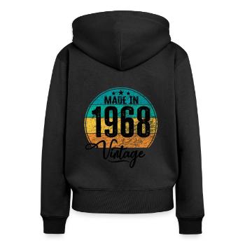 Millésime Fabriqué en 1968 Année de naissance 1968 Anniversaire - Sweat à capuche zippé Premium bio Femme - noir - Dos - Julia (174cm)