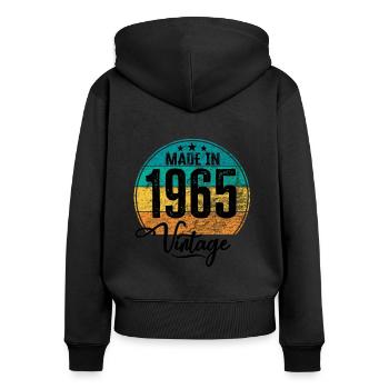 Millésime Fabriqué en 1965 Année de naissance 1965 Anniversaire - Sweat à capuche zippé Premium bio Femme - noir - Dos - Julia (174cm)