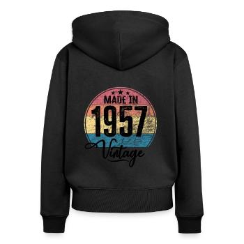 Millésime Fabriqué en 1957 Année de naissance 1957 Anniversaire - Sweat à capuche zippé Premium bio Femme - noir - Dos - Julia (174cm)