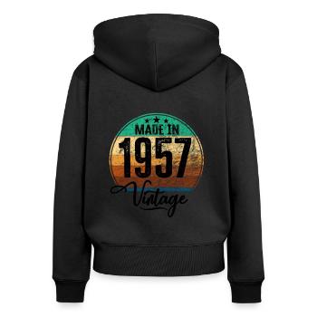 Millésime Fabriqué en 1957 Année de naissance 1957 Anniversaire - Sweat à capuche zippé Premium bio Femme - noir - Dos - Julia (174cm)