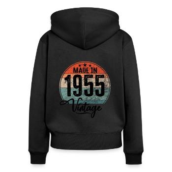 Millésime fabriqué en 1955 Année de naissance 1955 Anniversaire - Sweat à capuche zippé Premium bio Femme - noir - Dos - Julia (174cm)