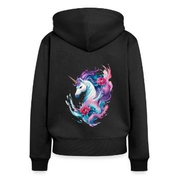 Blumige Verzauberung: Einhorn in Wasserwellen spritzt - Frauen Premium Bio Zip Hoodie - Schwarz - Hinten - Julia (174cm)