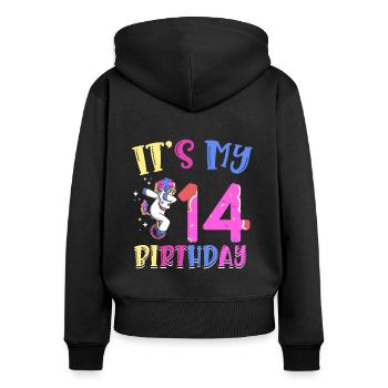 C’est mon 14ème anniversaire en barbotant un poney licorne - Sweat à capuche zippé Premium bio Femme - noir - Dos - Julia (174cm)