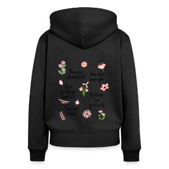 Positive Affirmationen mit rosa Blumen | Frauen - Frauen Premium Bio Zip Hoodie - Schwarz - Hinten - Julia (174cm)