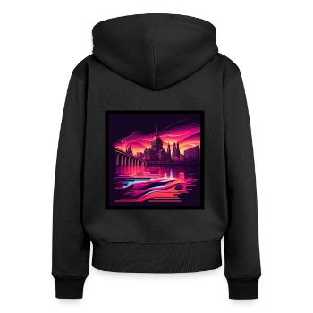 Skyline von Dresden im Abendlicht Vaporwave Optik - Frauen Premium Bio Zip Hoodie - Schwarz - Hinten - Julia (174cm)