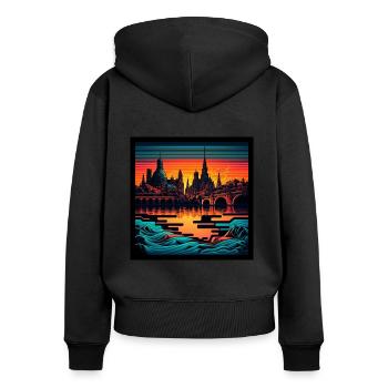 Skyline von Dresden im Abendlicht Vaporwave Optik - Frauen Premium Bio Zip Hoodie - Schwarz - Hinten - Julia (174cm)