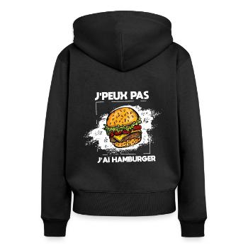 J'peux pas j'ai hamburger / Cadeau nourriture - Sweat à capuche zippé Premium bio Femme - noir - Dos - Julia (174cm)