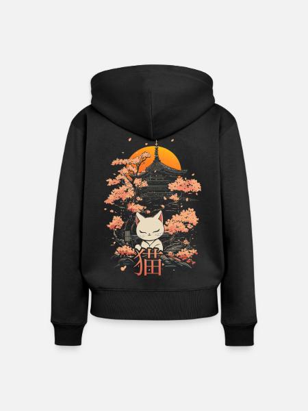 Neko - japanische Katze und sakura - Frauen Premium Bio Zip Hoodie - Schwarz
