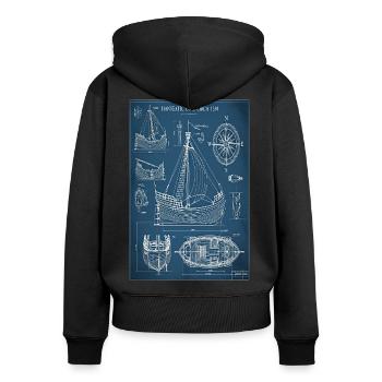Hanse-Kogge Blaupause | Historischer Bauplan - Frauen Premium Bio Zip Hoodie - Schwarz - Hinten - Julia (174cm)