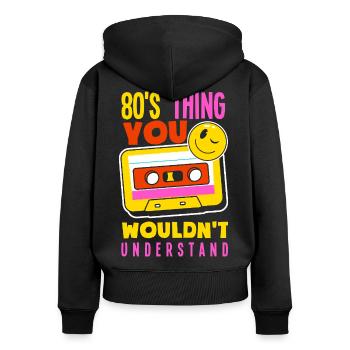 Retour rétro au design vintage des années 80 - Sweat à capuche zippé Premium bio Femme - noir - Dos - Julia (174cm)