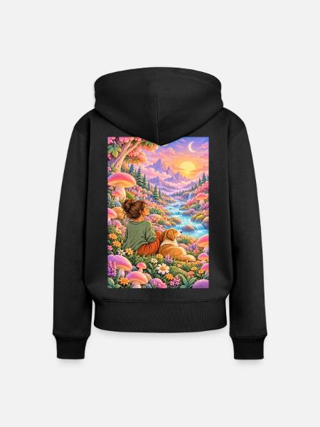Pilzwald mit Frau und Hund - Frauen Premium Bio Zip Hoodie - Schwarz