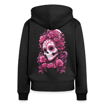 Crâne Muertos Mexicain Jour des Morts Rose - Sweat à capuche zippé Premium bio Femme - noir - Dos - Julia (174cm)