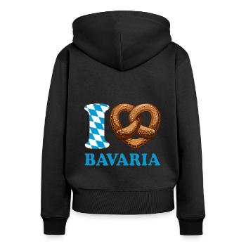 J’aime le bretzel de Bavière - Coeur - Dire - Sweat à capuche zippé Premium bio Femme - noir - Dos - Julia (174cm)