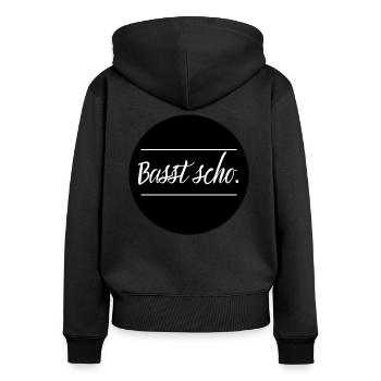 Basst scho. schwarz - Frauen Premium Bio Zip Hoodie - Schwarz - Hinten - Julia (174cm)