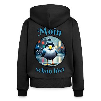 Moin schön hier Möwe im Regen - Frauen Premium Bio Zip Hoodie - Schwarz - Hinten - Julia (174cm)