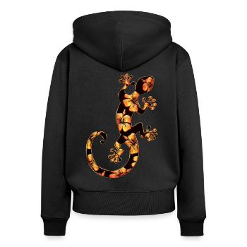 Gecko, fleur d’hibiscus, porte-bonheur, Ibiza, - Sweat à capuche zippé Premium bio Femme - noir - Dos - Julia (174cm)