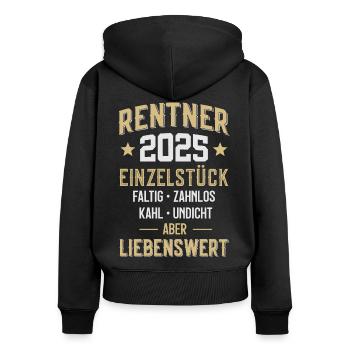 RENTE RUHESTAND RENTNER 2025 - Frauen Premium Bio Zip Hoodie - Schwarz - Hinten - Julia (174cm)