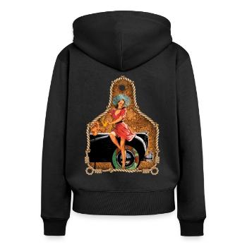 Leather Ear Tag with - Women's Premium Organic Zip Hoodie - black - Back - Julia (174cm)
